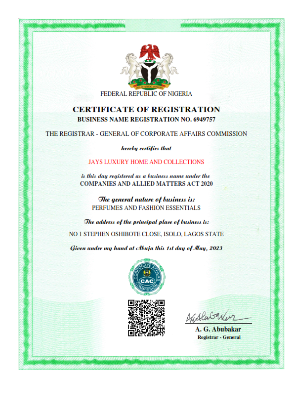 CERTIFICATE - JAYS LUXURY HOME AND COLLECTIONS